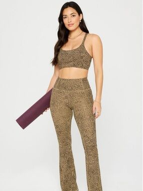 Fabletics Brown Leopard Boot-Cut Flare Leggings Twist Sports Bra SET Size S